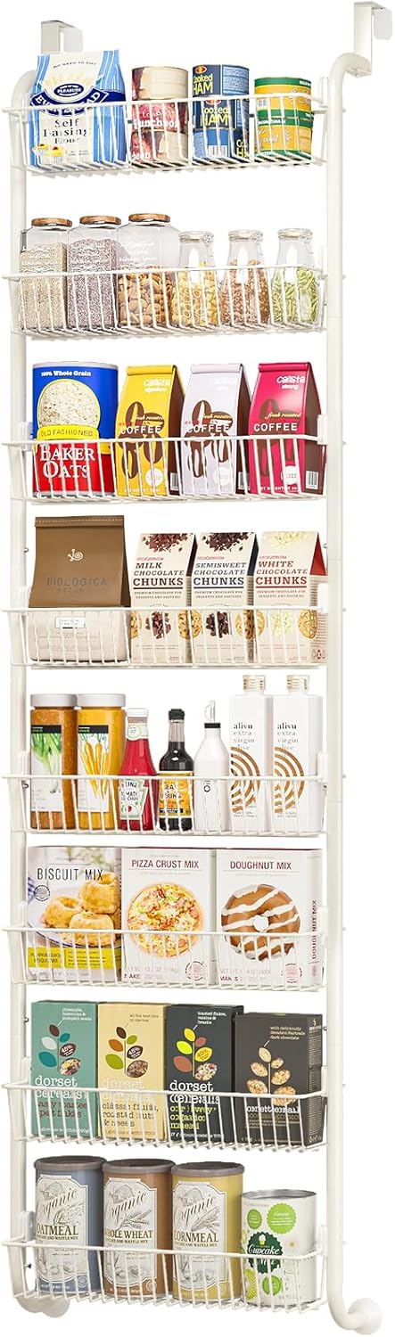 MIAOLI Over the Door Pantry Organizers and Storage, 8-Tier Spice Rack, Home & Kitchen Storage Shelves for Cabinet, Large Capacity Hanging Seasoning Organizer, Laundry Room Organization, White