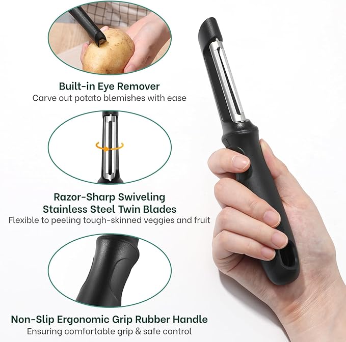 Beneno Swivel Vegetable Peeler, Razor-Sharp Smooth Peeling Potato Peelers with Stainless Steel Blades, Ergonomic Comfort Non-Slip Rubber Handle, Durable Kitchen Peelers with Potato Eye Remover, Black