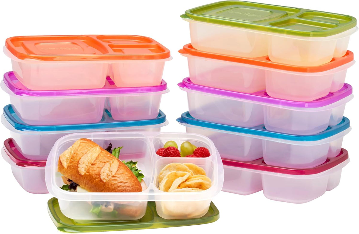 Bentgo Easyboxes - Original Stackable Lunch Boxes - Reusable 3-Compartment Food Containers for Kids and Adults - Bento Lunch Box for Meal Prep, School, & Work - BPA Free, Set of 10 (Classic)