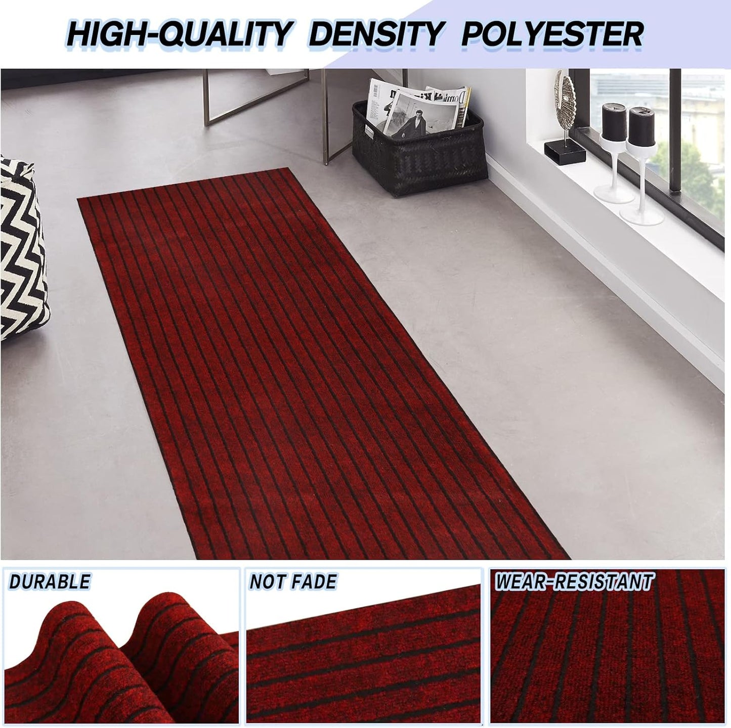 Custom Size Backed Non-Slip Area Rugs Runner, Easy Clean, Waterproof Runner Rugs for Hallway Entryway, Kitchen, Laundry, 4FT x 17FT, Red Stripe