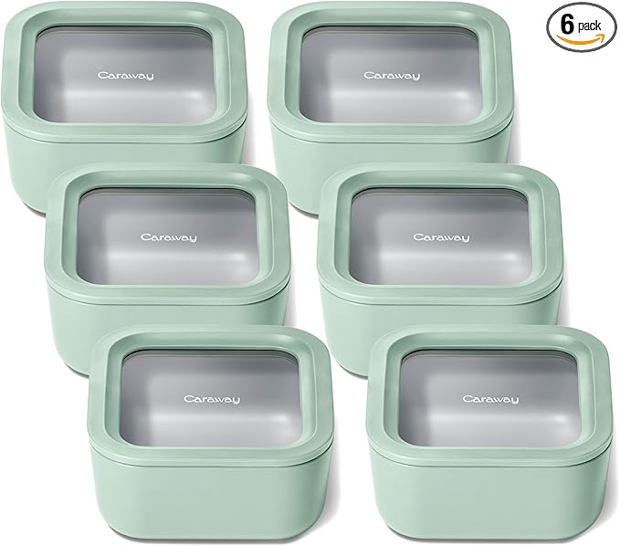Caraway 6pc Glass Food Storage Set – 4.4 Cup Food Containers (6) - Ceramic Coated - Non Toxic, Non Stick with Lids - Microwave Safe - Mist