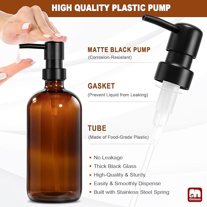 GMISUN Dish Soap Dispenser, 16 Oz Kitchen Soap Dispenser Set with Ceramic Tray & Bamboo Brush, 2 Pack Thick Amber Glass Soap Dispenser, Farmhouse Refillable Hand and Dish Liquid Soap Pump Bottle Set