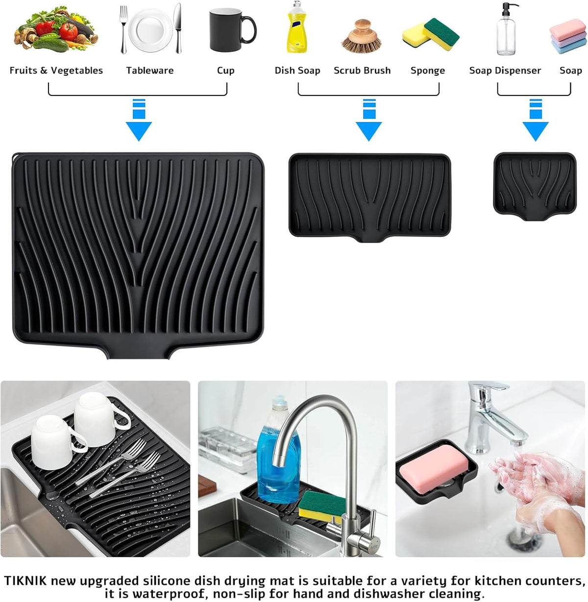 Silicone Dish Drying Mat for Kitchen Counter, Dish Drying Pad, Non-Slip Drain Pad with Built-in Drain, Heat Resistant Stone Drying Mat, 3 pcs (Black)