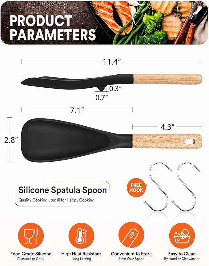 Cooking Spoon for Nonstick Cookwares, Great for Cooking and Serving Sturdy BPA-Free Matte Silicone, Wood Handle Spoon for Mixing, Scoop, and Scrape (Black & Grey, 11.4 inch)