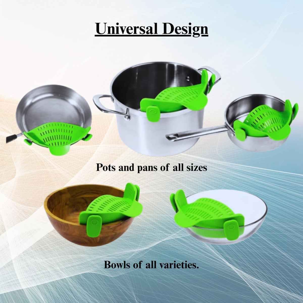 Collapsible Colander | Over the sink silicone kitchen strainer and collander with extendable handle | Clip-on silicone strainers for pots and pans|