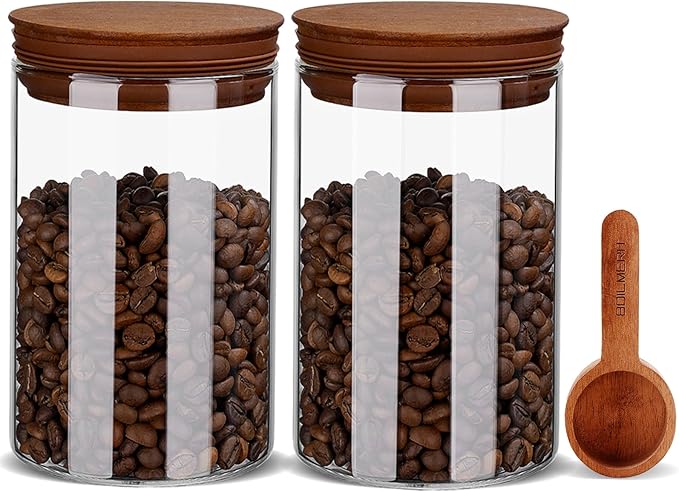 27oz Coffee Canister with Scoop and Wooden Lids, Airtight Coffee Grounds Container Set of 2 for Coffee Bar Organizer, Glass Jar for Coffee Beans Storage