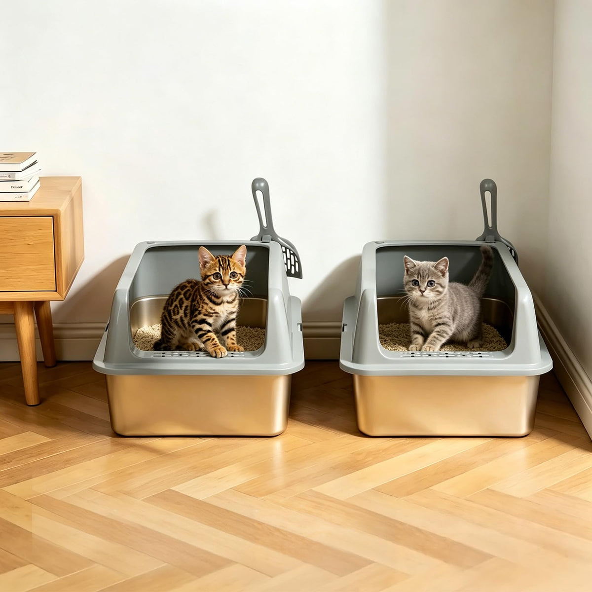 Kirecoo 2 Pack Medium Semi-Enclosed Stainless Steel Cat Litter Box with Lid
