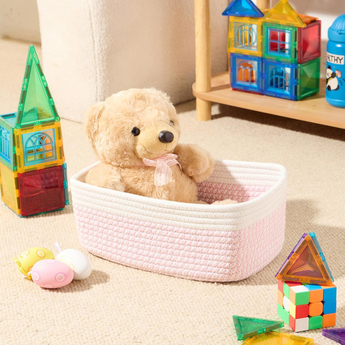 Small Storage Baskets for Organizing | Closet Organizer Bins | Shelf Toy Basket | Woven Rope Baskets | Cube Decorative Box | Shallow Basket | 11.5x7.5x4.7” | 3 Packs White Pink