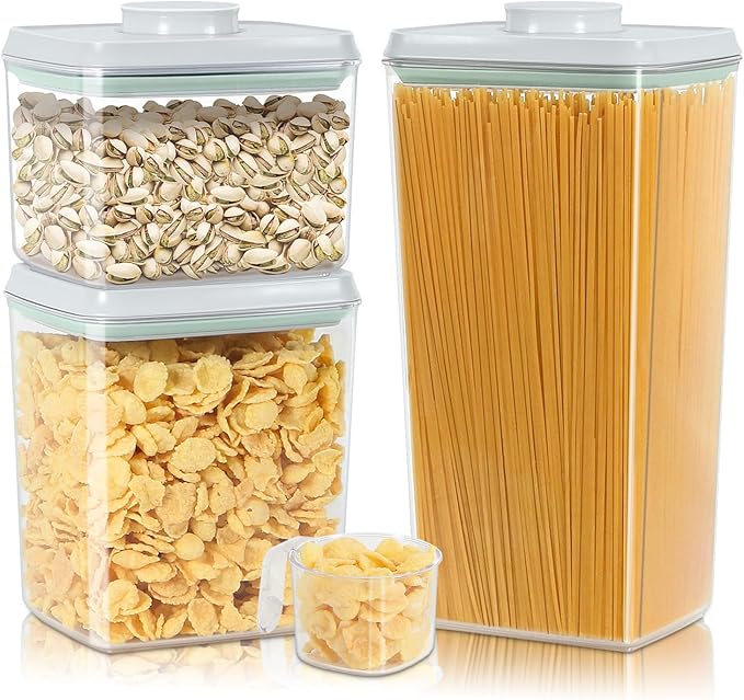 3 Pack Flour and Sugar Storage Containers with Pop-up Lid, 1.26Qt + 2.11Qt + 3.48Qt Food Storage Container for Rice, Spaghetti, Pasta, Nuts, Snack, Candy, Dog Treat, Kitchen Pantry Organization