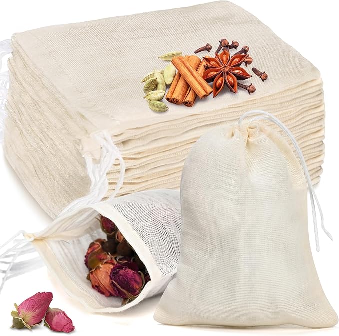 20 Pcs Muslin Bags with Drawstring, Reusable Tea Bags, Spice Bags for Cooking Soup/Herb/Loose Leaf Tea, Natural Cotton Cheese Cloth Bag for Straining, Sachet Bags Empty, 6 x 4 Inches