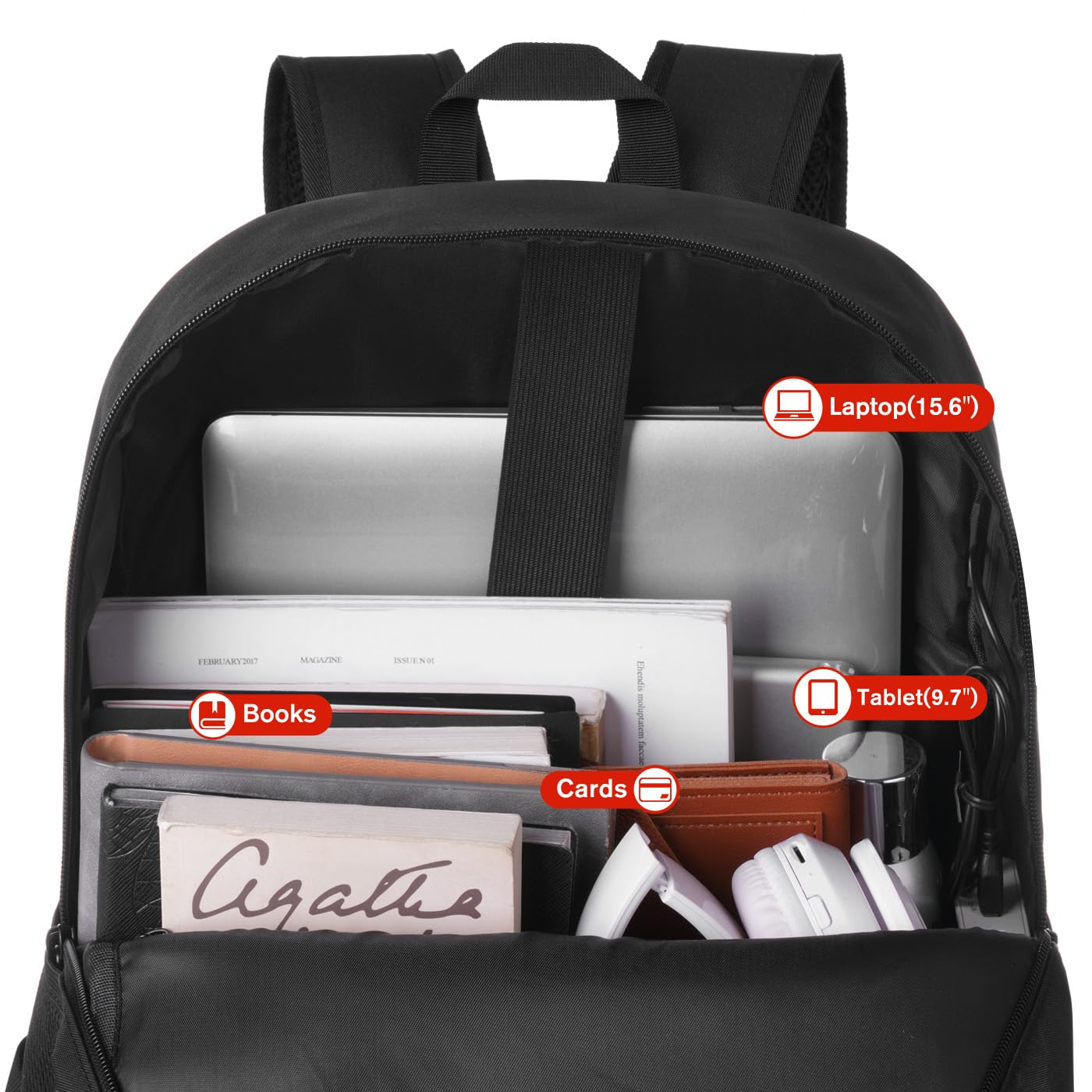 YAMTION Black Backpack for Women Men,Casual School Backpack Teen Boys and Girls 15.6 Inch Laptop Bookbag with USB Charger for College High School Travel Business