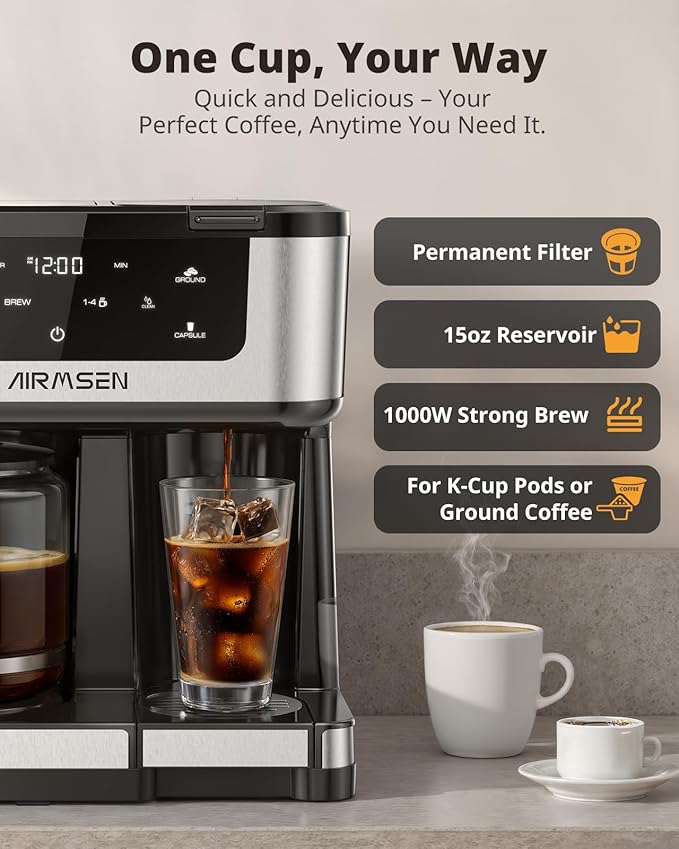 AIRMSEN 12-Cup Programmable Dual Coffee Maker – Single Serve Machine for K-Cup Pods & Ground, 1000W Fast Brew, Delay Start, 2H Keep Warm, Touchscreen, 60oz Tank, Glass Carafe – Home & Office