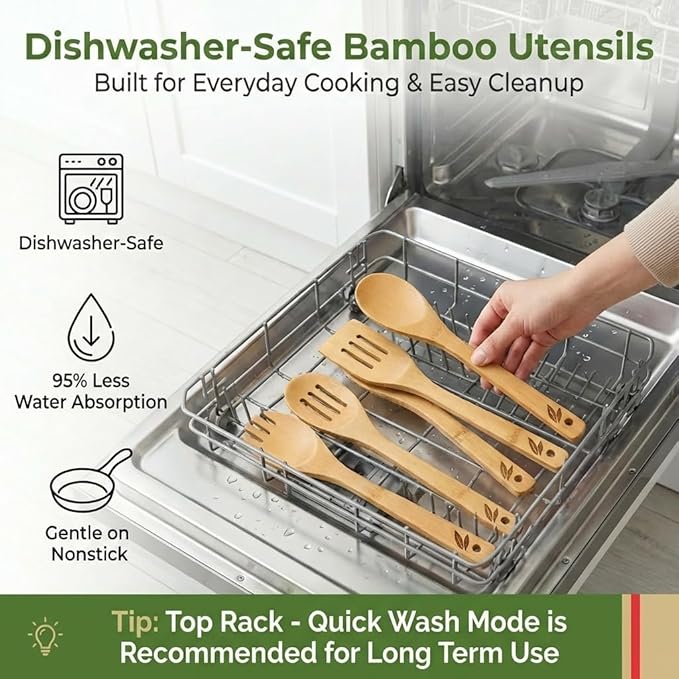 Dishwasher Safe Bamboo Wooden Spoons for Cooking 6-Piece – Kitchen Gadgets Wooden Cooking Utensils Set – Premium Kitchen Utensils Set – Easy to Clean, Perfect for Non-Stick Cookware