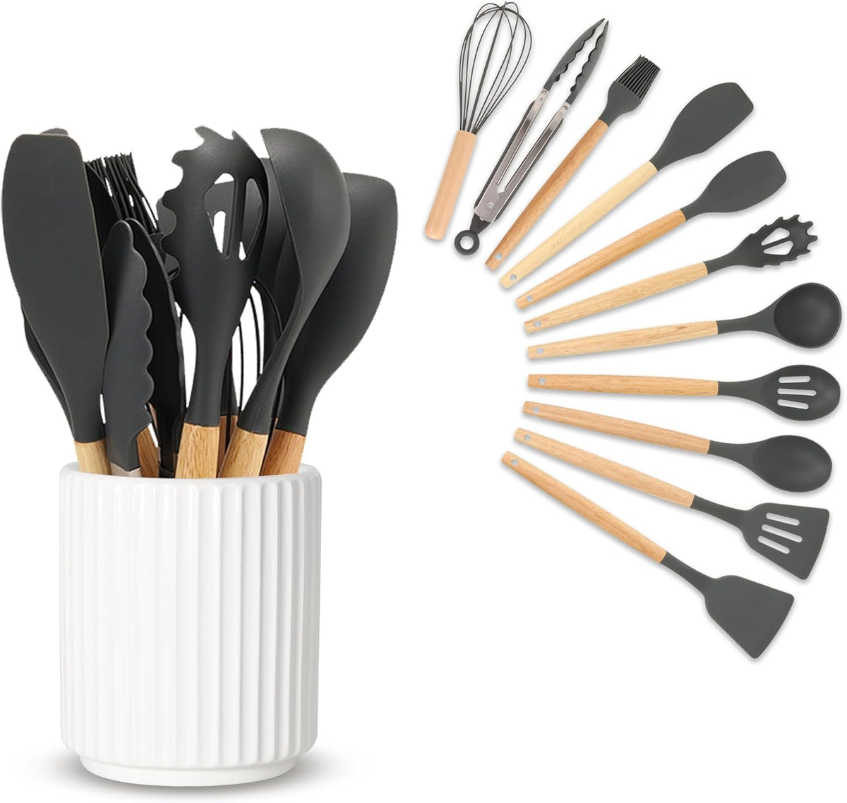 Small Utensil Holder for Kitchen Counter (H5.51” x W4.92”), Countertop Utensil Holder for Kitchen Ceramic, Utensils Crock for Countertop, Includes Silicone Drying Mat, White