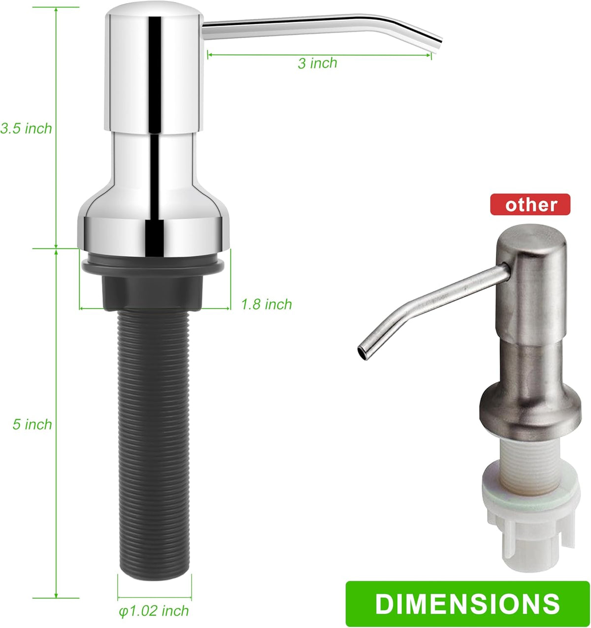 Soap Dispenser for Kitchen Sink, Sink Soap Dispenser with Longer Threaded Shaft Shank, 47" Extension Tube Connects Directly to Dish Soap Container, Wider Pump Head Base（Chrome）