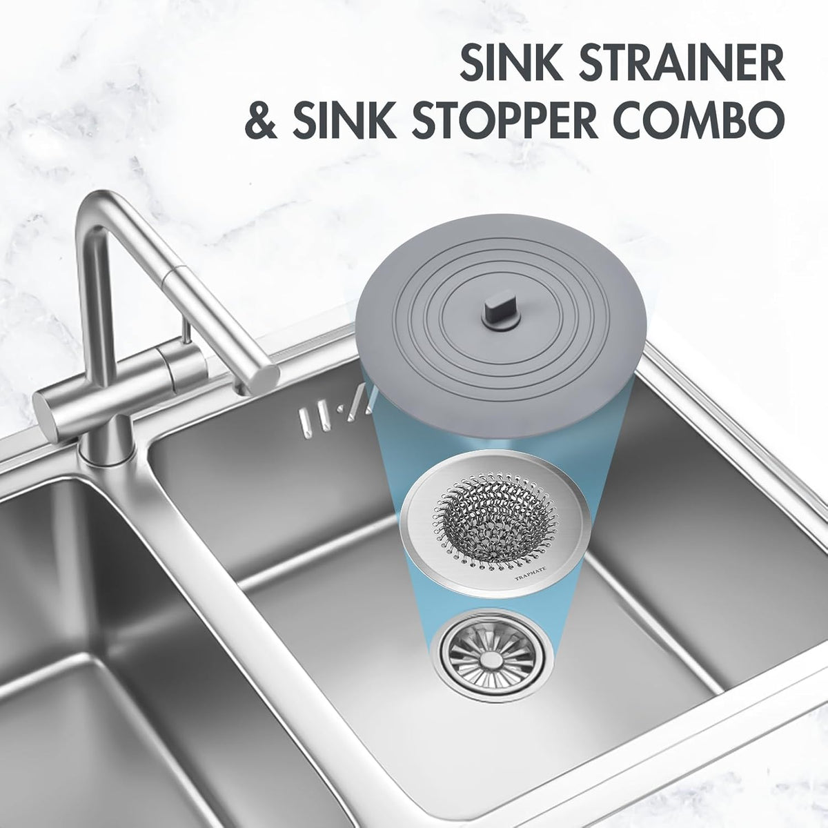 TRAPMATE Sink Drain Strainer, Easy Clean Kitchen Sink Strainer with Stopper, 304 Stainless Steel Sink Strainer Basket, Revolutionary Drain Stopper Kitchen Sink, Garbage Disposal Strainer for US Drain