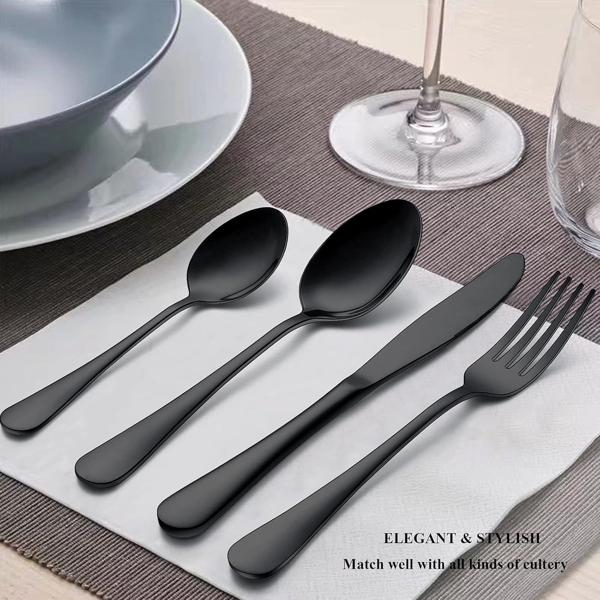 Wildone 24-Piece Black Flatware Set with Steak Knives, Stainless Steel Silverware Cutlery Set Service for 4, Tableware Eating Utensils Include Knives/Forks/Spoons, Mirror Polished, Dishwasher Safe
