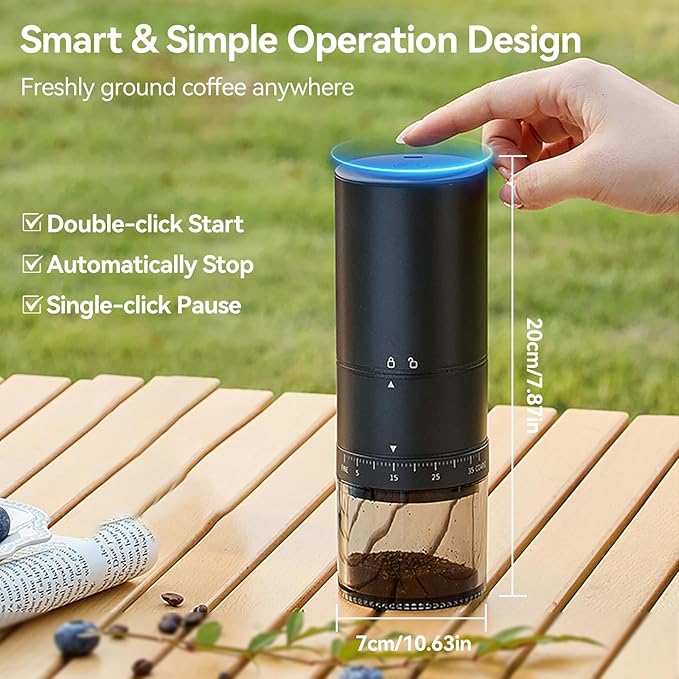 Portable Electric Coffee Grinder - 38 Grind Settings, Conical Burr & Black Stainless Steel Body, Rechargeable Mill for Espresso, Moka Pot, Turkish, Ideal for Camping and Travel