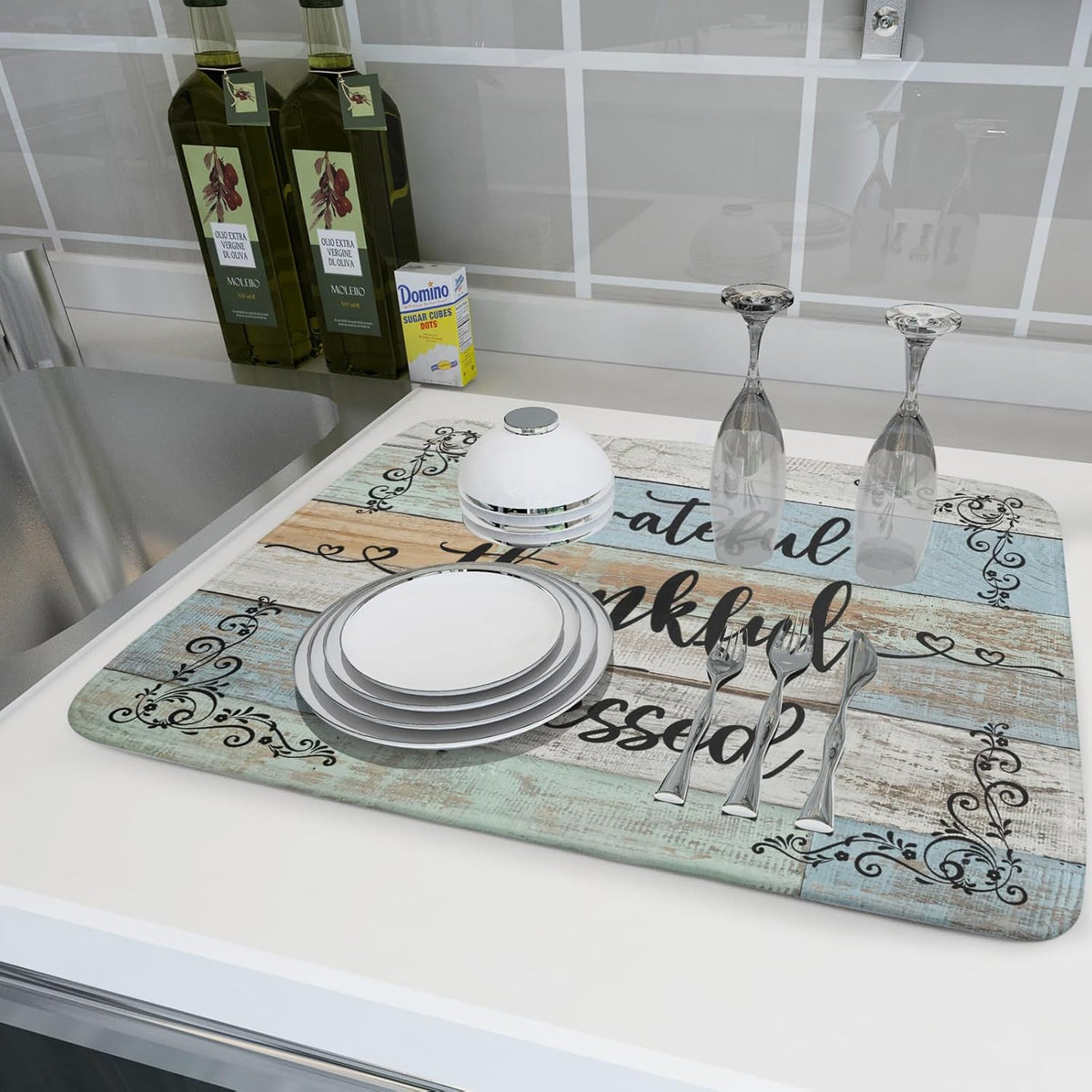 Rustic Wood Dish Drying Mat 18x24 Inch Grateful Thankful Blessed Kitchen Drainer Mats Absorbent Microfiber Rack Holder Countertop Pad