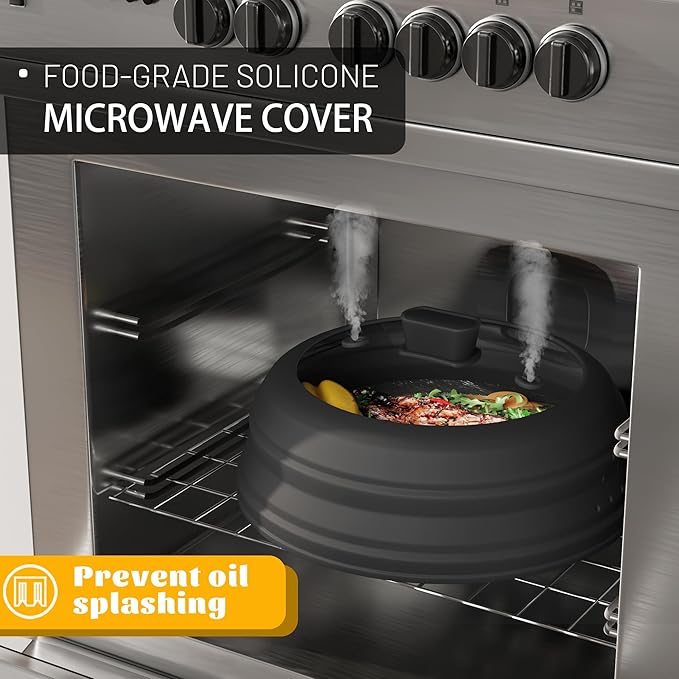 Microwave Splatter Cover, Collapsible Silicone Microwave Plate Cover with Glass for Food Splatter Guard Lid 11.8 inch Black