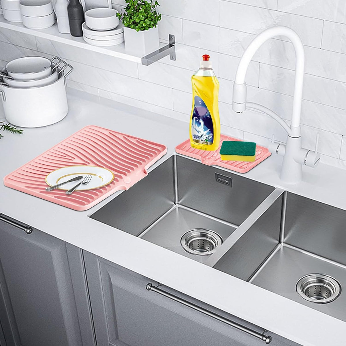 Silicone Dish Drying Mat for Kitchen Counter, Dish Drying Pad, Non-Slip Drain Pad with Built-in Drain, Heat Resistant Stone Drying Mat, 3 pcs (Pink)