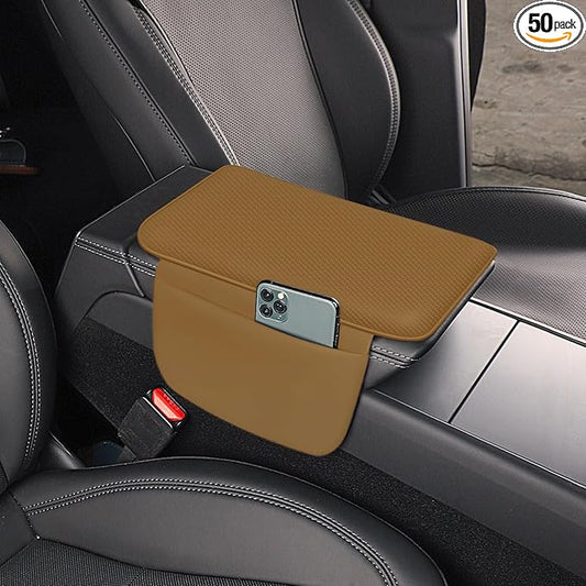 Car Armrest Cover Pad - Nappa Leather Car Center Console Cover with Breathable Holes, Non-Slip Auto Arm Rest Cushion, Universal Car Interior Accessories Fit forTesla Model Y (Light Brown)