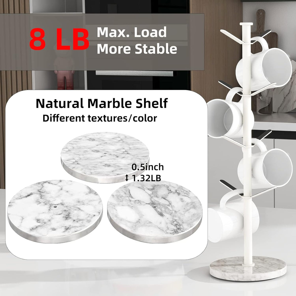 Mug Holder Tree with Marble Base, 8 Hooks White Coffee Cups Holder Stand, New Upgrad Stable Removable Mug Rack for Kitchen Cafe
