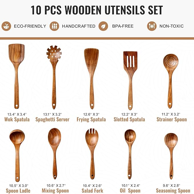 10 Pcs Wooden Spoons for Cooking, Natural Teak Wooden Kitchen Utensils Set, Durable Cooking Utensils Set with Comfort Grip for Cookware, Smooth Finish&NonStick& Heat Resistant Wooden Spatula