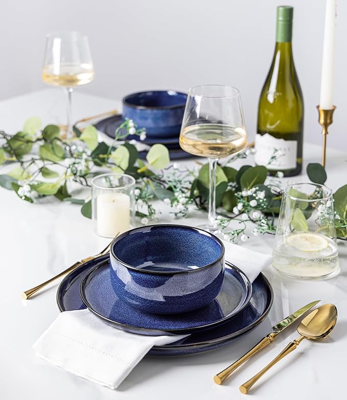 TheTerra Ceramic Dinnerware Sets for 4, 12 Pieces Handmade Reactive Glaze Plates and Bowls Set, Scratch Resistant Dish Set, Oven & Microwave & Dishwasher Safe, Blue