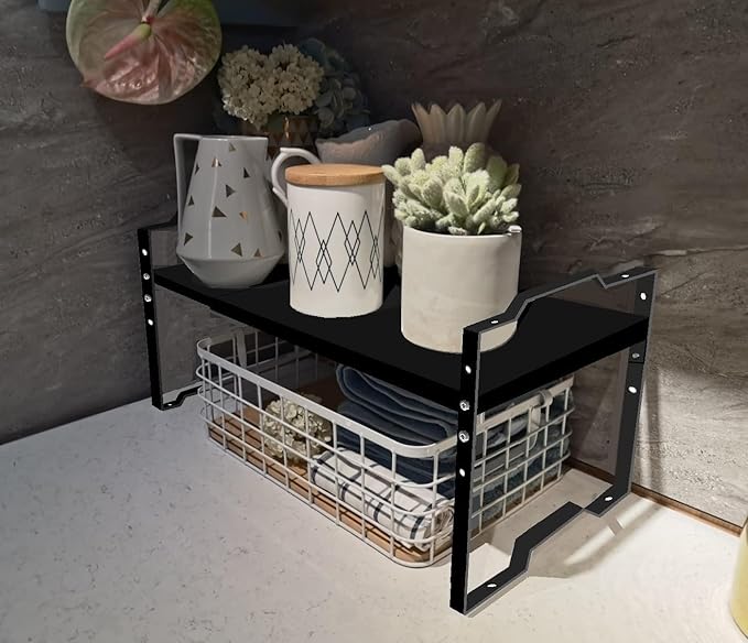 Expandable Shelf for Cabinet Organizer Adjustable and Stackable Spice Rack at Kitchen and Bathroom More, Counter Countertop Cupboard Organization Pantry Storage(LARGE/3PACKS/BLACK)