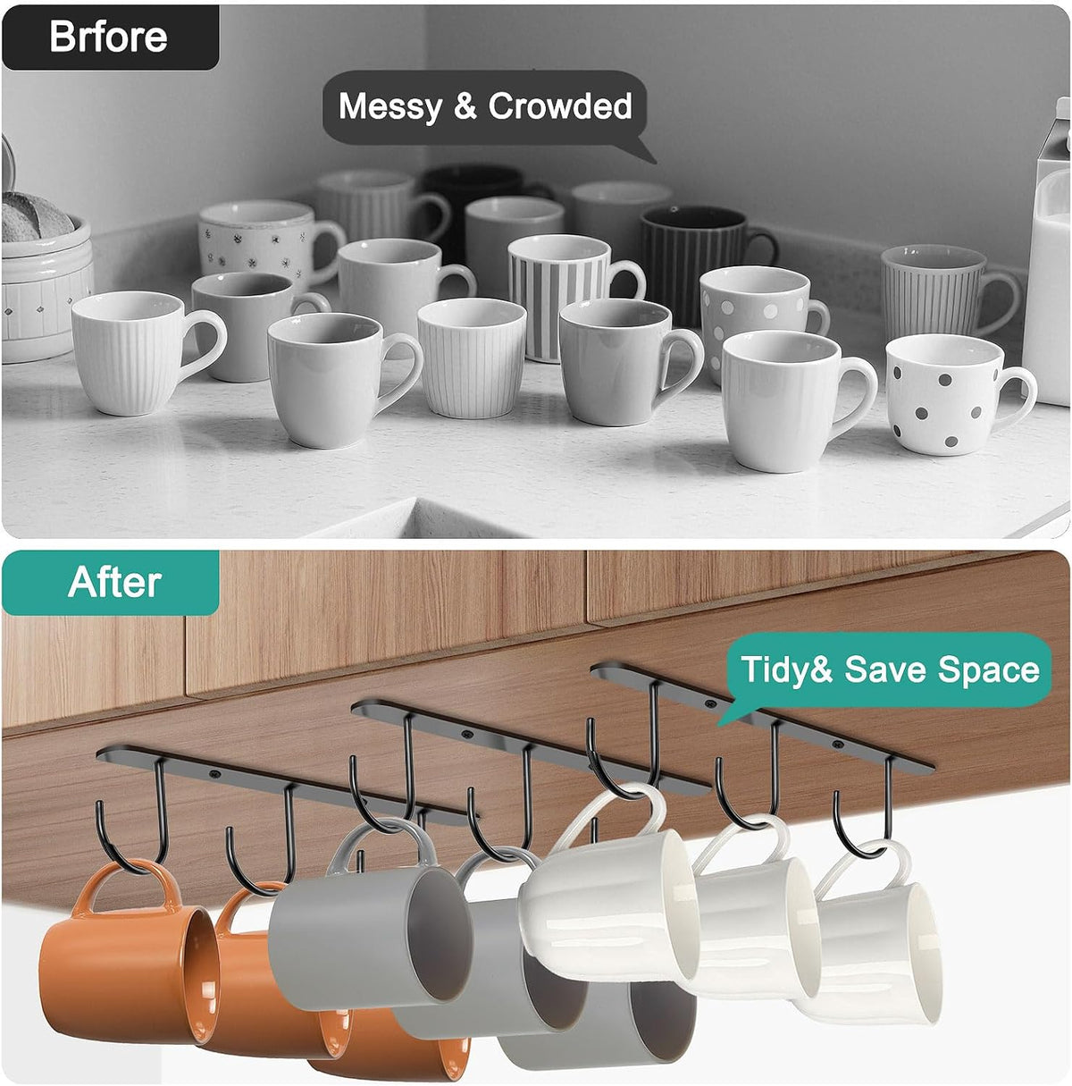 3 Pack Mug Hooks Under Cabinet, Hanging Coffee Mug Holder for Kitchen Cabinet/Shelf, Coffee Mug Organizer with 9 Hooks, for Mugs, Cups, Kitchen Utensils Display, Black