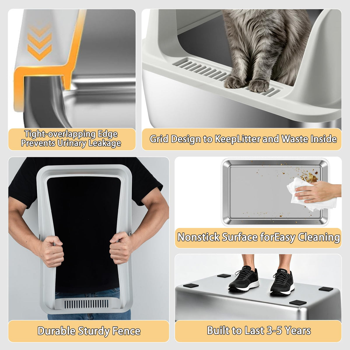 Camvivid Stainless Steel Cat Litter Box 2 Pack - High Side Pan with Anti-Tracking Step,Rolled Edge & Leak-Proof Base,Cover,Scoop,Anti-Slip Pads,Easy Clean Toilet for Senior Large Indoor Cat Gray