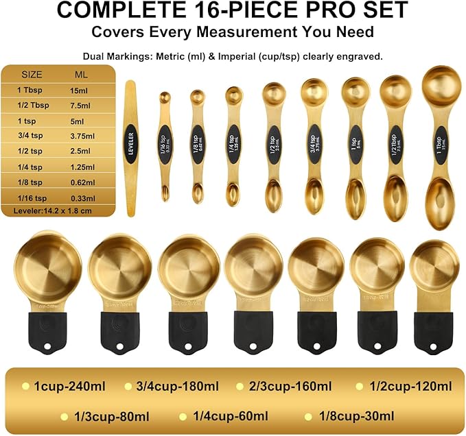 Gold Magnetic Measuring Cups & Spoons Set of 16, 7 Stainless Steel Measuring Cups, 8 Double-Sided Measuring Spoons & 1 Leveler, Premium Finish Baking Tools Kitchen Gadget for Dry & Liquid Ingredients