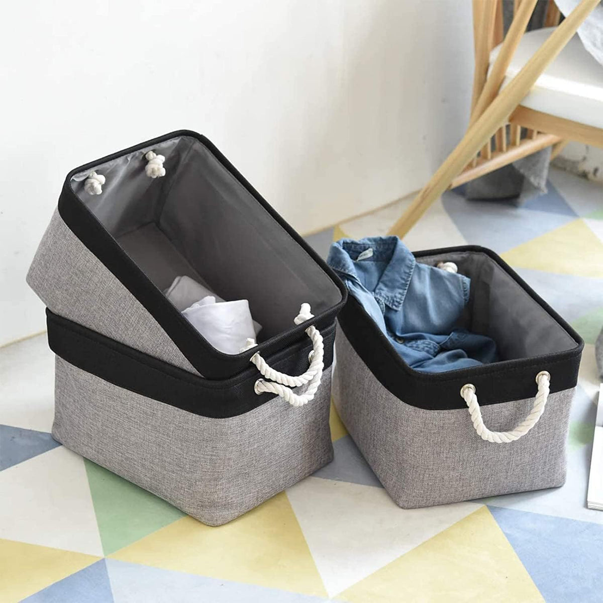 TcaFmac Storage Bins for Organization - Large 3 Pack Fabric Storage Basket for Shelves with Handles, Organizer Baskets for Organizing for Closet Cloth Dog Toy Baby (Black& Grey 16x12x8 inch)