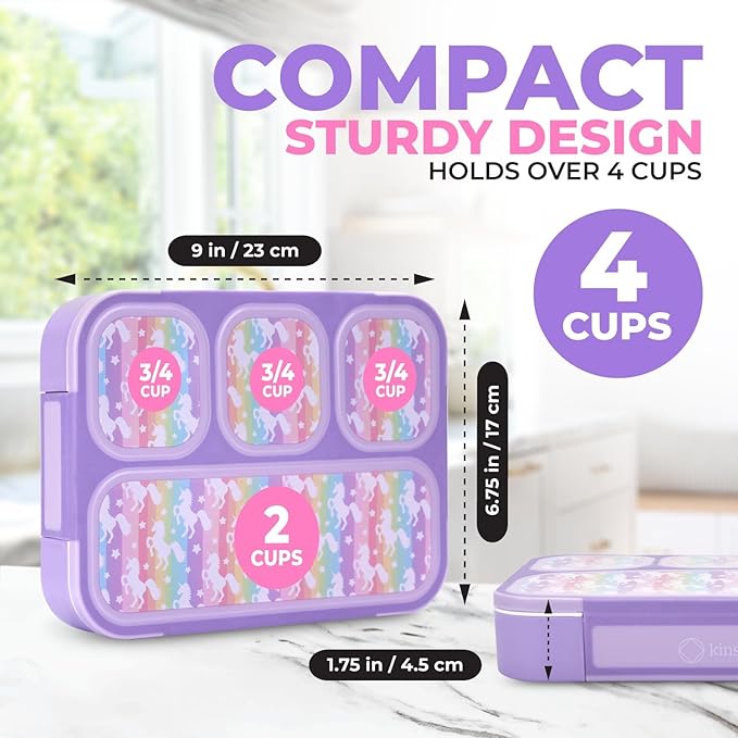 Bento Lunch Box with Insulated Bag, Ice Pack and Bento Accessories for Girls. Snack Containers with 4 Compartment Dividers for Toddlers Pre-School Daycare BPA Free Set, Utensils, Rainbow Unicorn