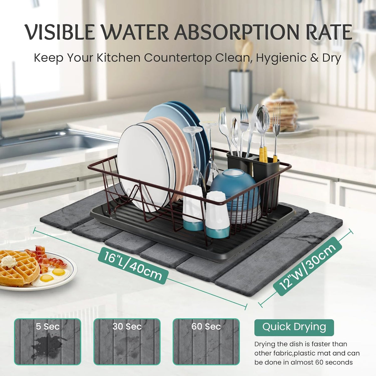 Stone Dish Drying Mat Collapsible Diatomaceous Earth Absorbent Mat Quick Dish Drying Pad Dish Rack Pad Match Any Counter to Multiple Usage for Kitchen,Bathroom
