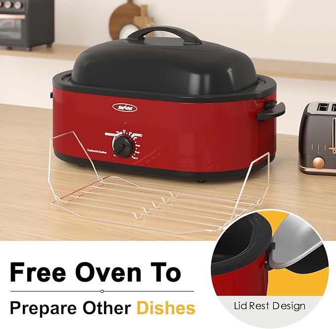 Sunvivi Roaster Oven with Self-Basting Lid,18 Quart Electric Roaster with Removable Pan & Rack,150-450°F Full-Range Temperature Control with Defrost/Warm Function,Stainless Steel,Red