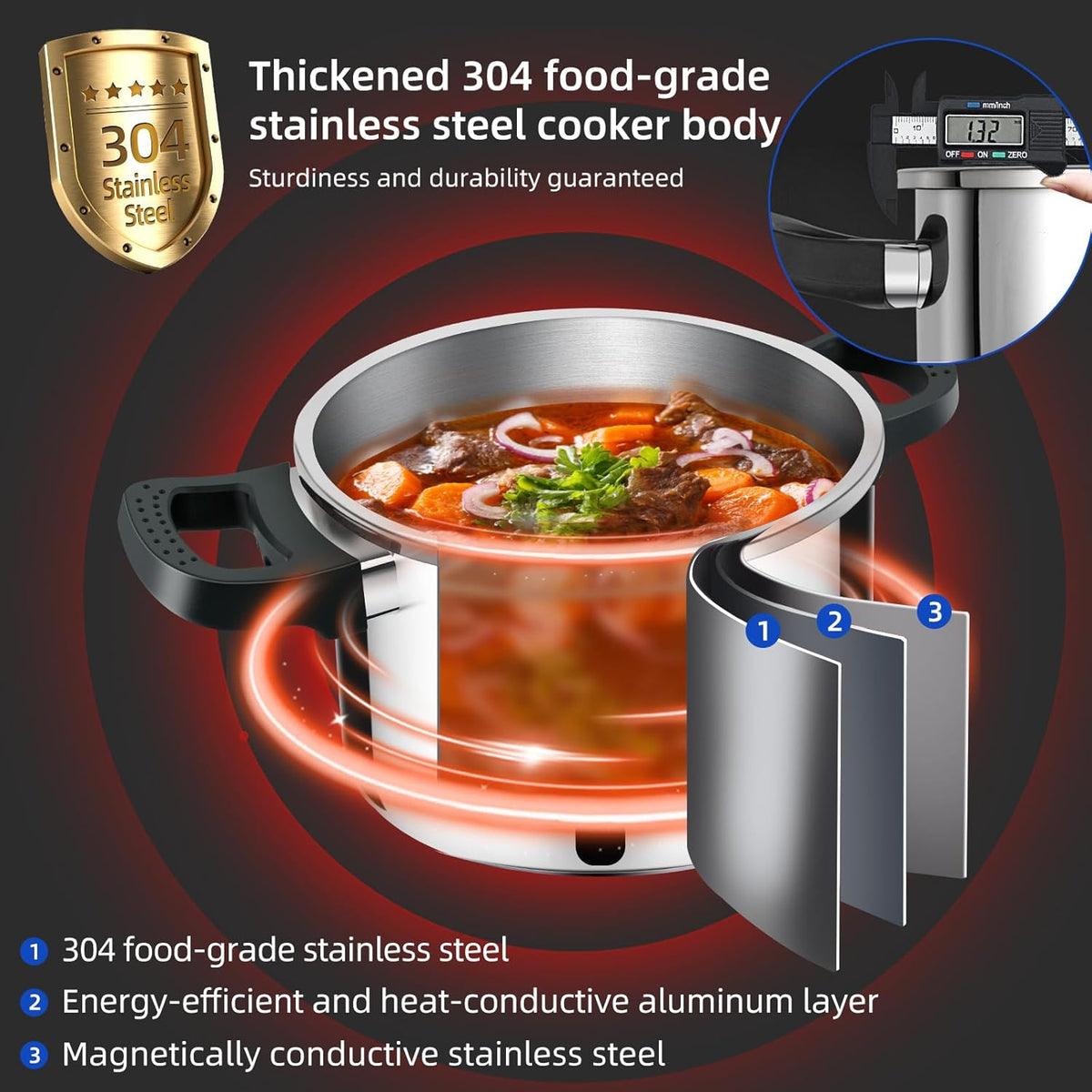6.3 QT Pressure Cooker, 304 Stainless Steel - Explosion-Proof Lock, One Hand Operation, Fast Cooking, Dishwasher Safe & Induction Compatible, Family Size Cookware