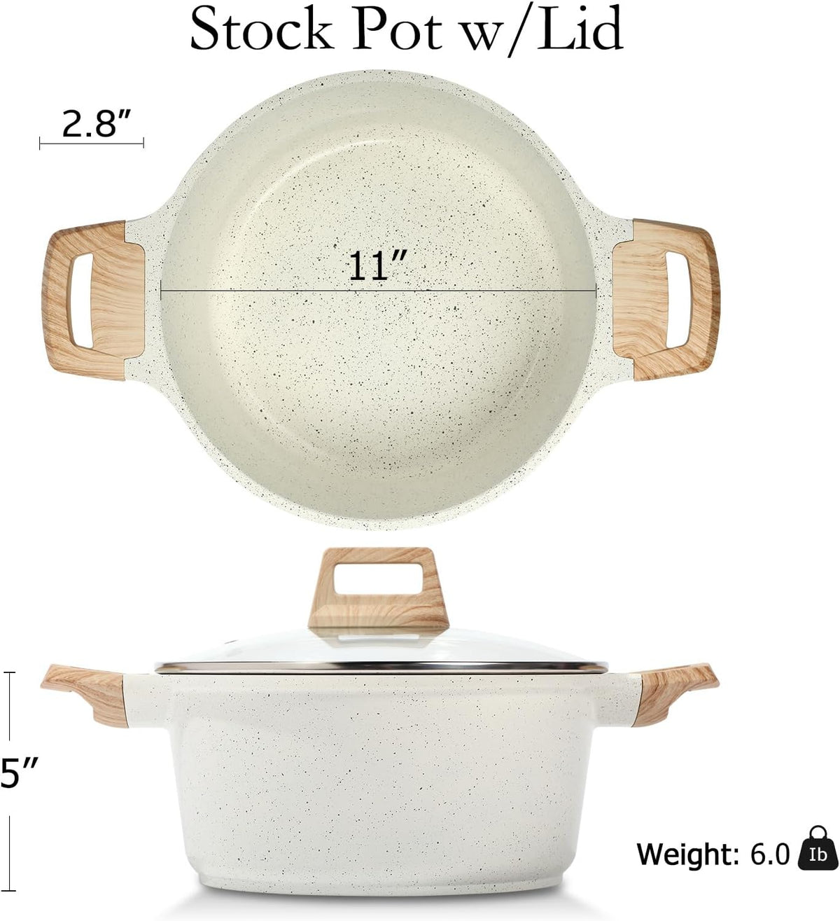 ESLITE LIFE Nonstick Stock Pot with Lid, 7 Quart Granite Casserole Large Soup Pot Pasta Cooking Pot, Induction Compatible, PTFE & PFOA Free, White