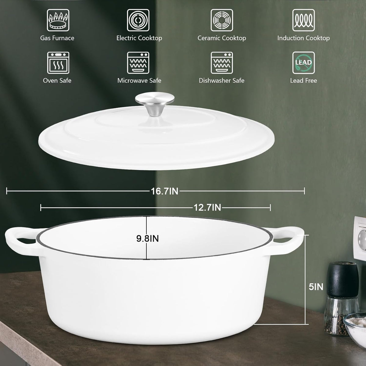 7 Quart Oval Dutch Oven with Lid, Leonyo 7QT Enameled Oval Cast Iron Dutch Oven for Sourdough Bread Breaking, Heavy Duty Cookware for Braising, Stews, Roasting, White