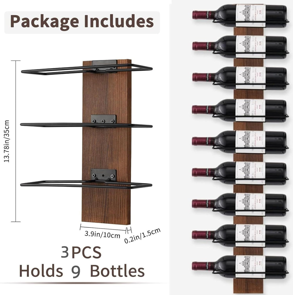 Wine Rack Wall Mounted, Wall Wine Rack for 9 Wine Bottles, Wood Wine Racks for Wall, Wall Mounted Wine Rack for Bar, Cellars, Kitchen, Dining Room
