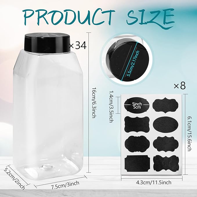 34 Pack 16 oz Plastic Spice Jars with Cap Clear Empty Square Bottle With flip lid Reusable Spice Bottle Large Seasoning Jars Powder Storage Container for Storing Seasoning Powders Supplies