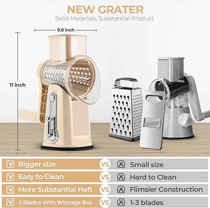 SUSTEAS Rotary Cheese Grater with Handle - Vegetable Shredder with 5 Well-designed Blades & Strong Suction Base,Round Mandoline Slicer & Food Chopper for Kitchen,with Blade Storage Box(Beige)