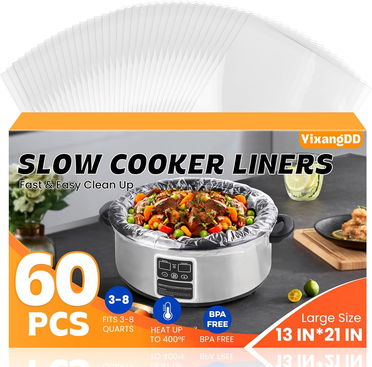 60 Pack Slow Cooker Liners, Large Size 13"x 21" Cooking Bags Disposable Pot Liners, Plastic Slow Cooker Bags Fits 3-8 Quarts, BPA Free, Suitable for Oval & Round Pot