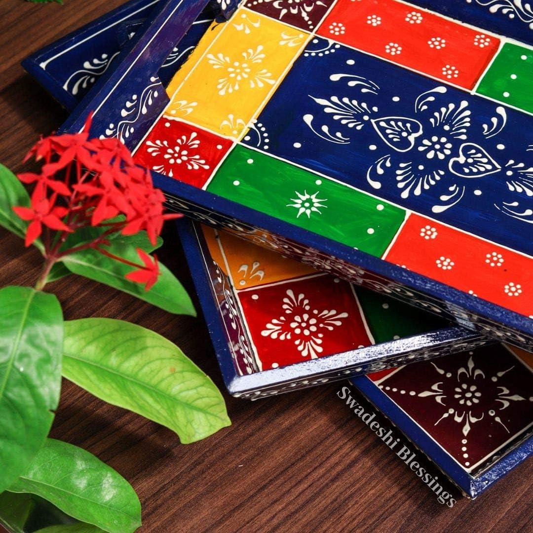 Swadeshi Blessings Wooden Serving Tray Set- Handcrafted & Hand-Painted for Kitchen/Table & Home Decor/Dinning/Gifts/Restaurants/Living Room/Coffee Table (Set of 3 Trays) (Blue)