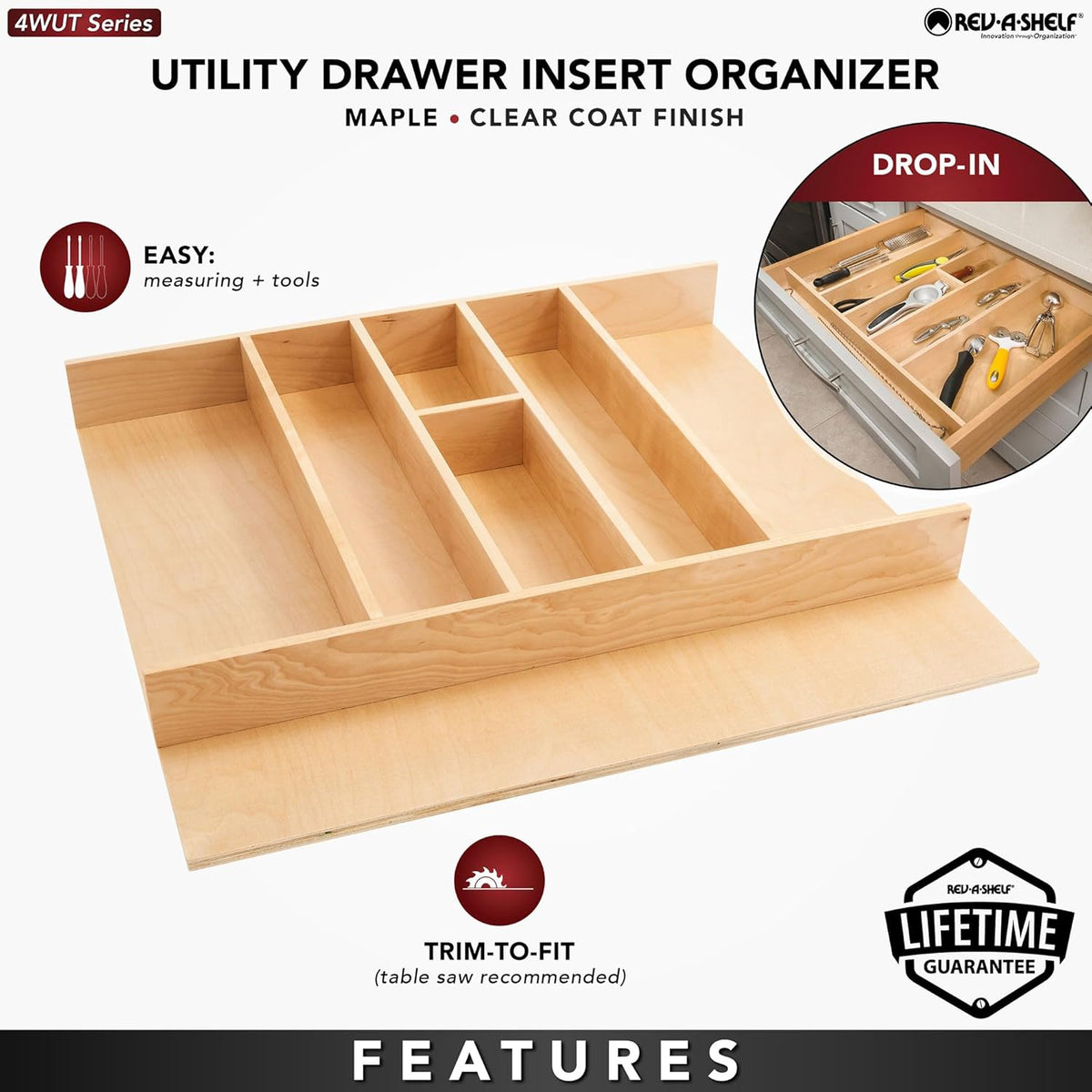 Rev-A-Shelf Trim-to-Fit Silverware Drawer Organizer For Kitchen Utensils, Cutlery Cabinet Storage Divider Insert, 23.98 x 21.97 In, Maple Wood, 4WUT-3