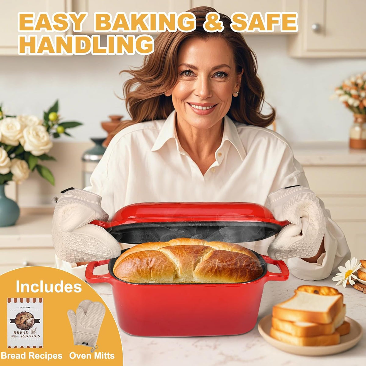 3.6QT Oval Enameled Cast Iron Dutch Oven, Sourdough Bread Baking Pan with Lid