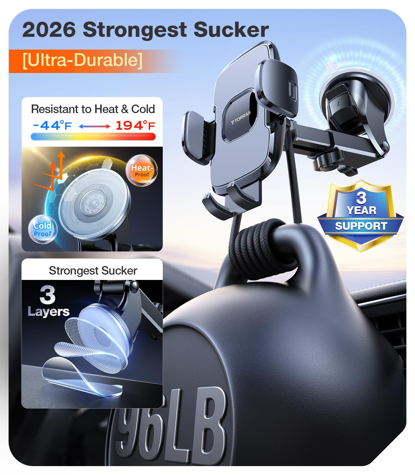 TORRAS 96+LBS Strongest Suction & Military-Grade Universal Car Phone Mount