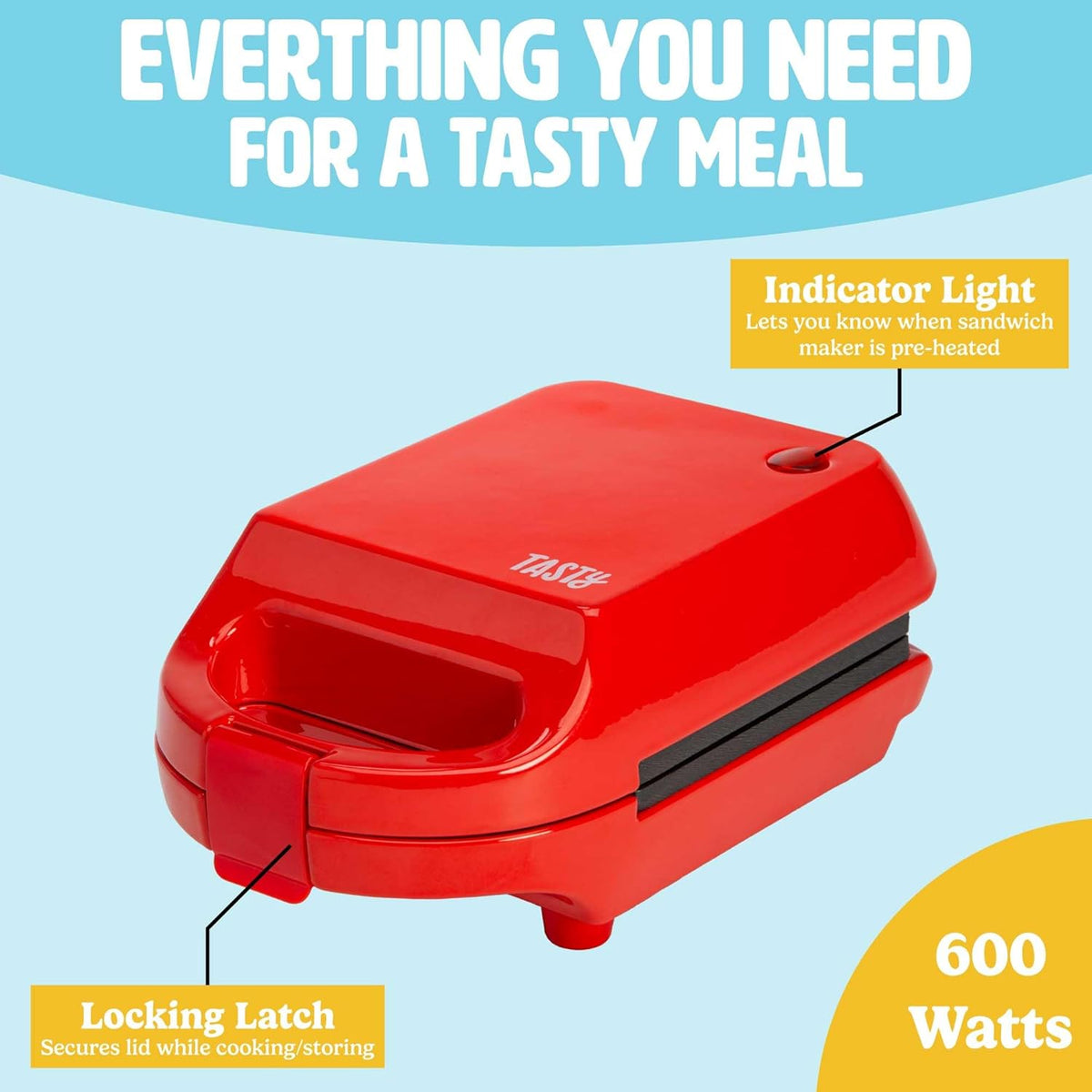 Tasty Mini Sandwich Maker, Makes Sandwiches, Paninis, Grilled Cheese, Desserts, Quick Results, Easy Cleanup, 600W, Red