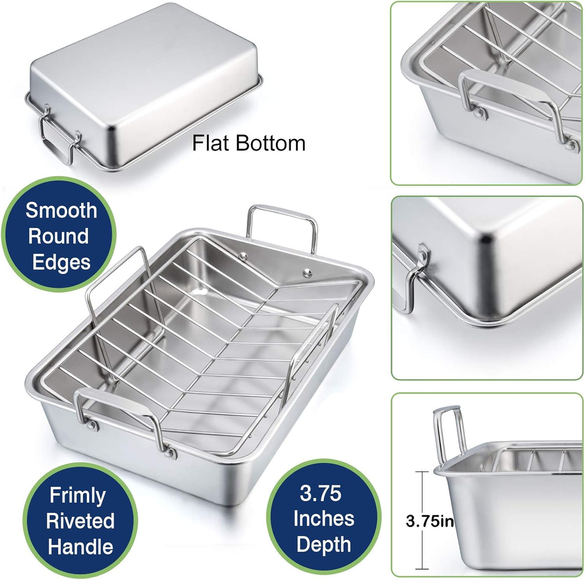 P&P CHEF 16" Roaster Roasting Pan with Baking Rack and V-shaped Rack, Stainless Steel Rectangular Lasagna Pan with Handles for Turkey Chicken, Healthy & Dishwasher Safe, 3 Pieces, Silver